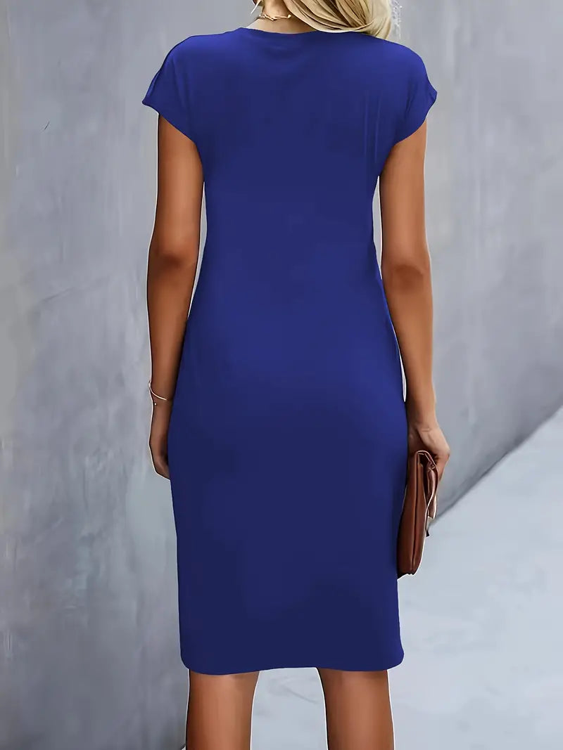 Women's Knee-Length Sheath Dress | Ruched Waist, Cap Sleeves & Ideal for Professional and Social Occasions