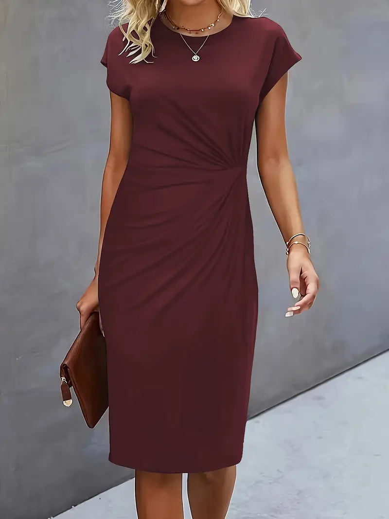 Women's Knee-Length Sheath Dress | Ruched Waist, Cap Sleeves & Ideal for Professional and Social Occasions