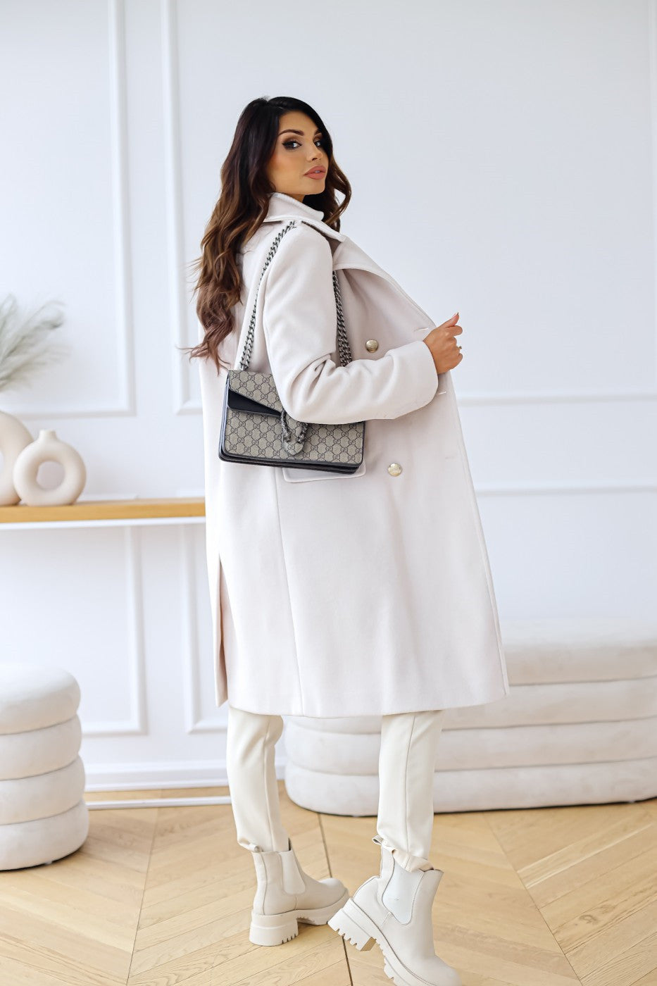 Women's Double-Breasted Long Coat | Gold Button Accents & Structured Silhouette for Timeless Elegance