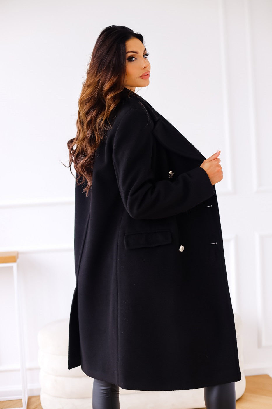 Women's Double-Breasted Long Coat | Gold Button Accents & Structured Silhouette for Timeless Elegance