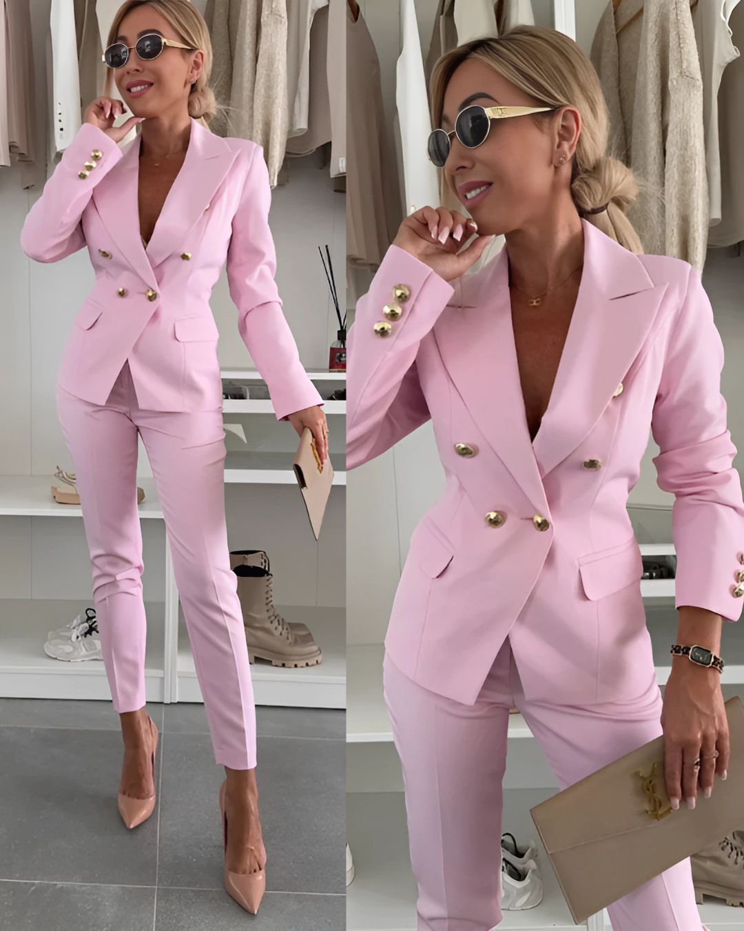 Women's Double-Breasted Suit | Tailored Fit with Metallic Buttons for Business Meetings & Formal Occasions