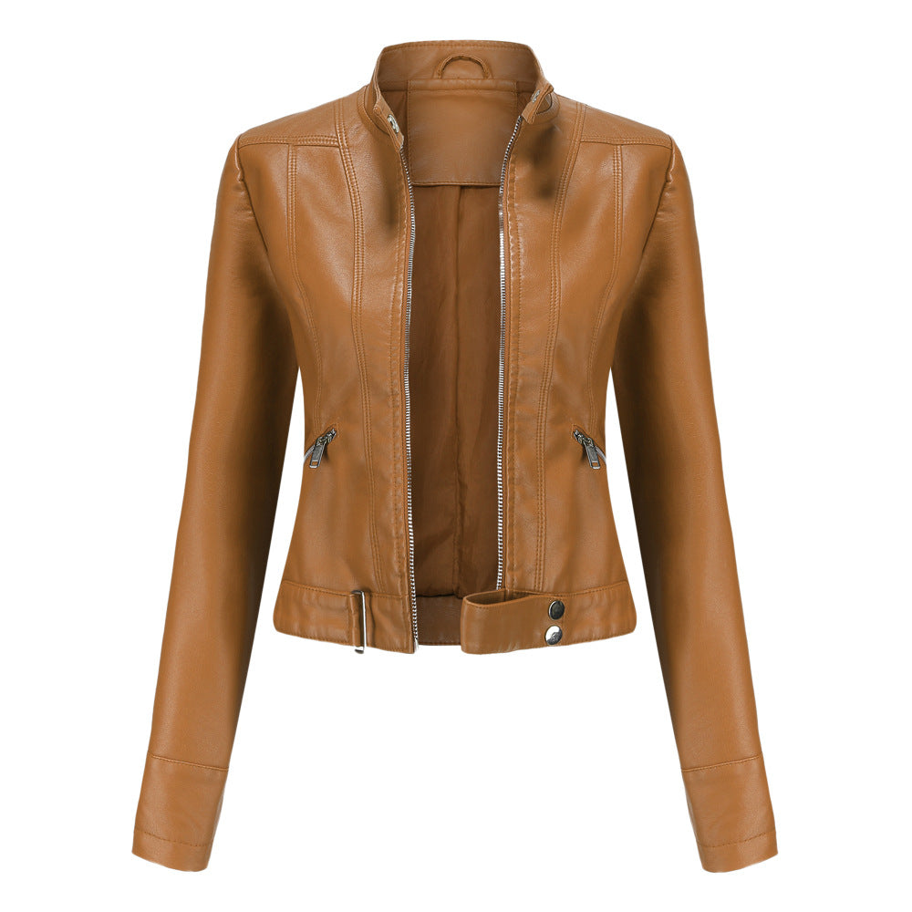 Women's Leather Jacket | Snap-Tab High Collar, Zip Closure & Belted for Casual or Night-Out Styling