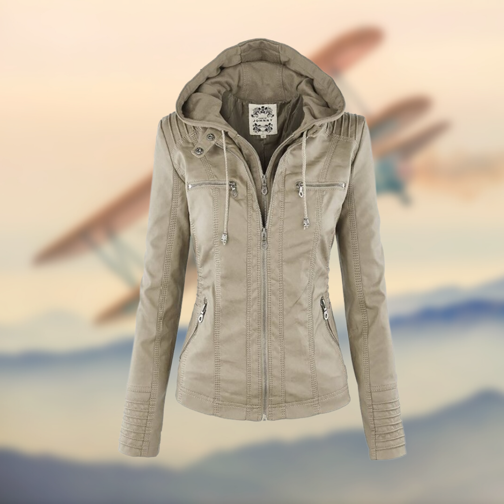 Women's Fitted Leather Jacket | Hooded Design, Zipper Pockets & Tailored Fit for Everyday Style