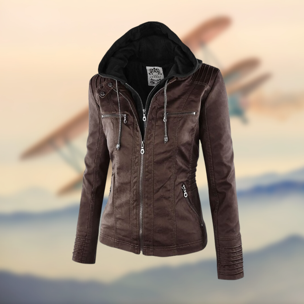 Women's Fitted Leather Jacket | Hooded Design, Zipper Pockets & Tailored Fit for Everyday Style