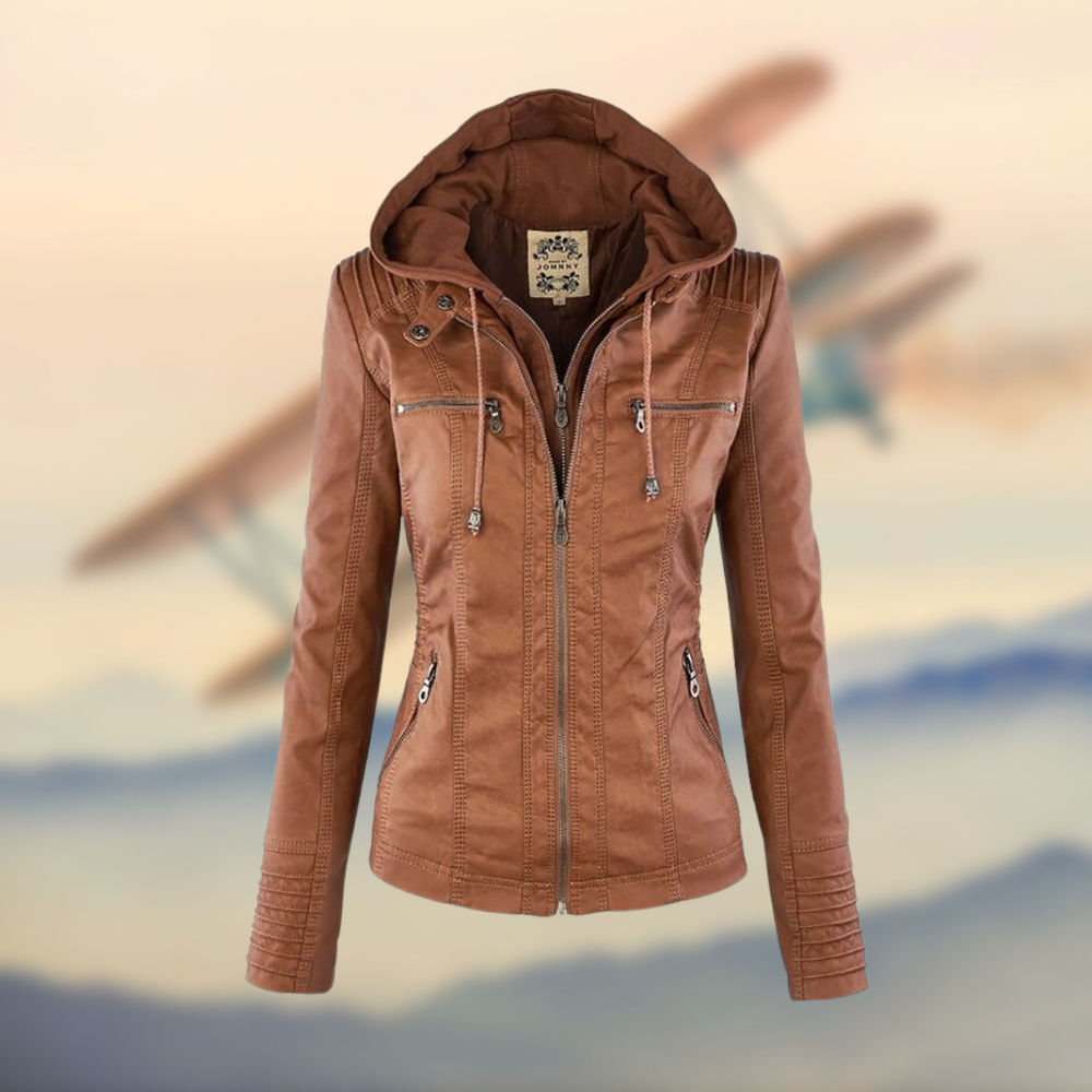 Women's Fitted Leather Jacket | Hooded Design, Zipper Pockets & Tailored Fit for Everyday Style
