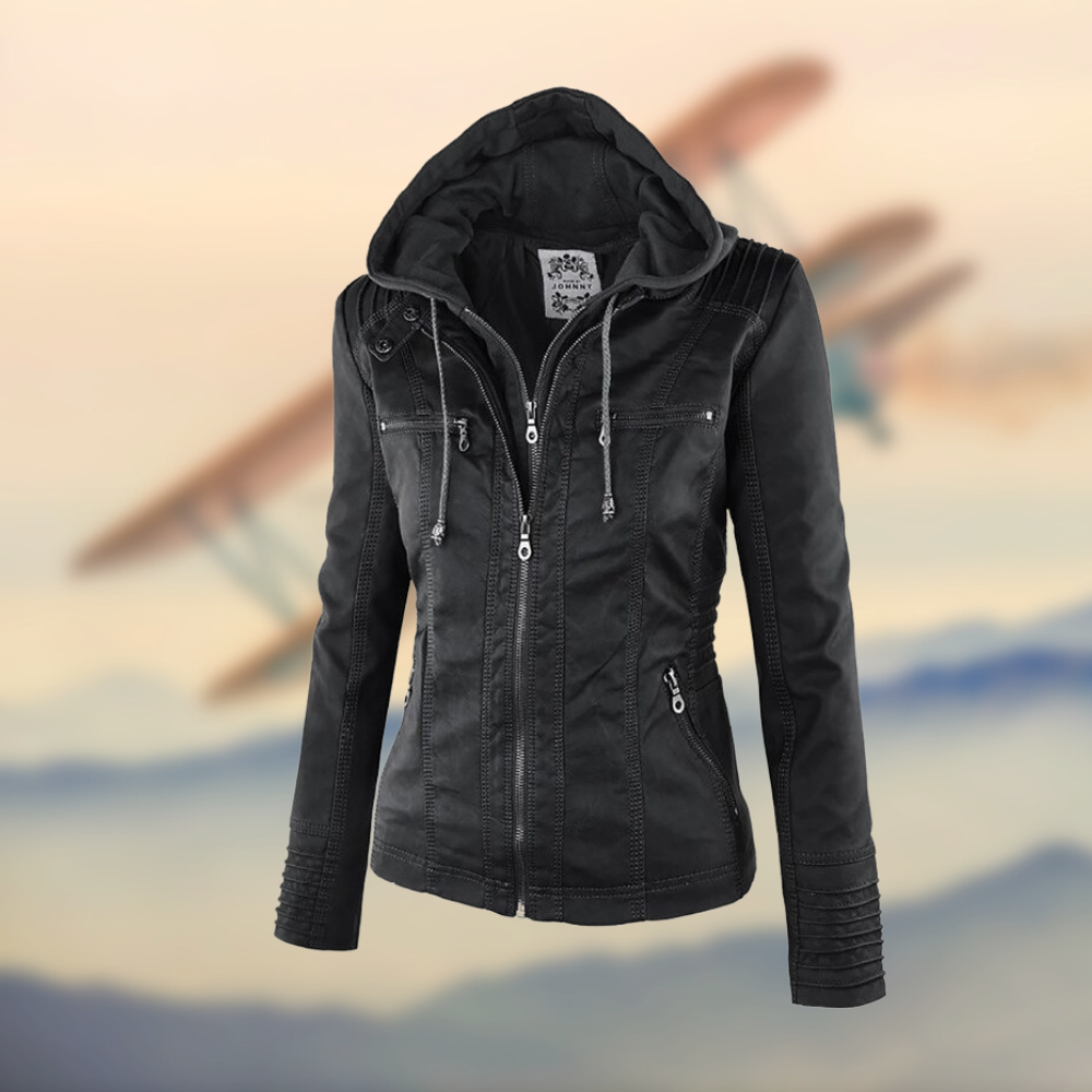 Women's Fitted Leather Jacket | Hooded Design, Zipper Pockets & Tailored Fit for Everyday Style