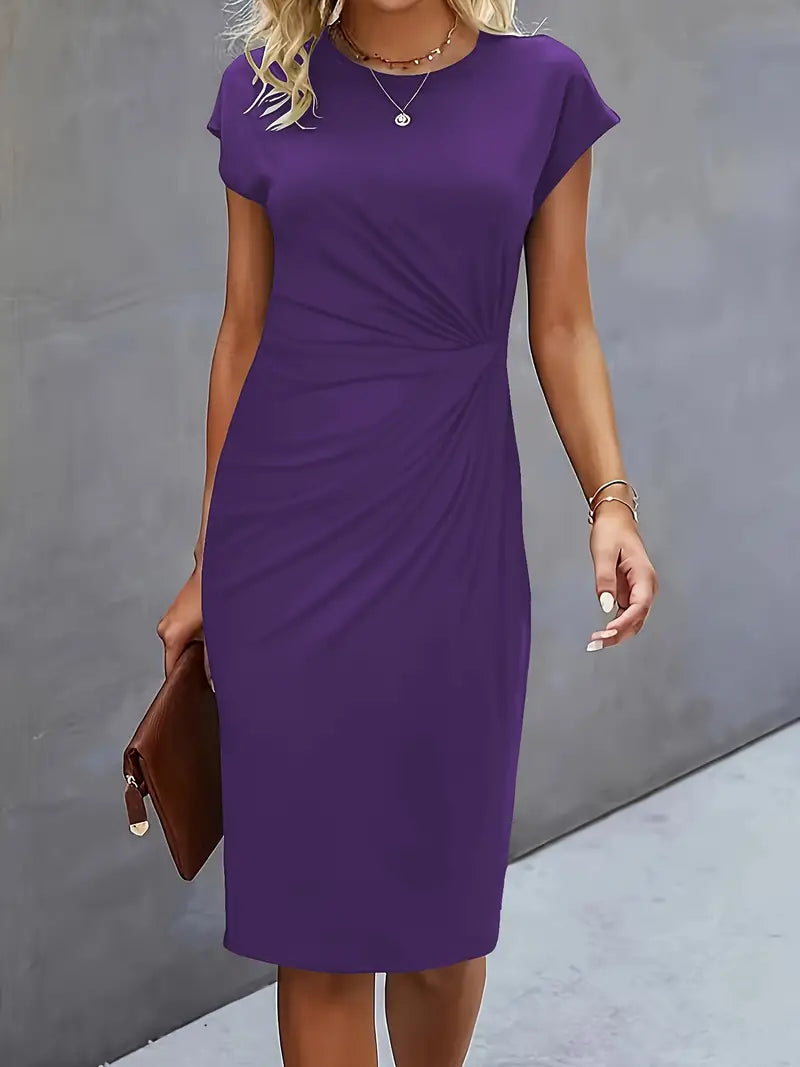 Women's Knee-Length Sheath Dress | Ruched Waist, Cap Sleeves & Ideal for Professional and Social Occasions