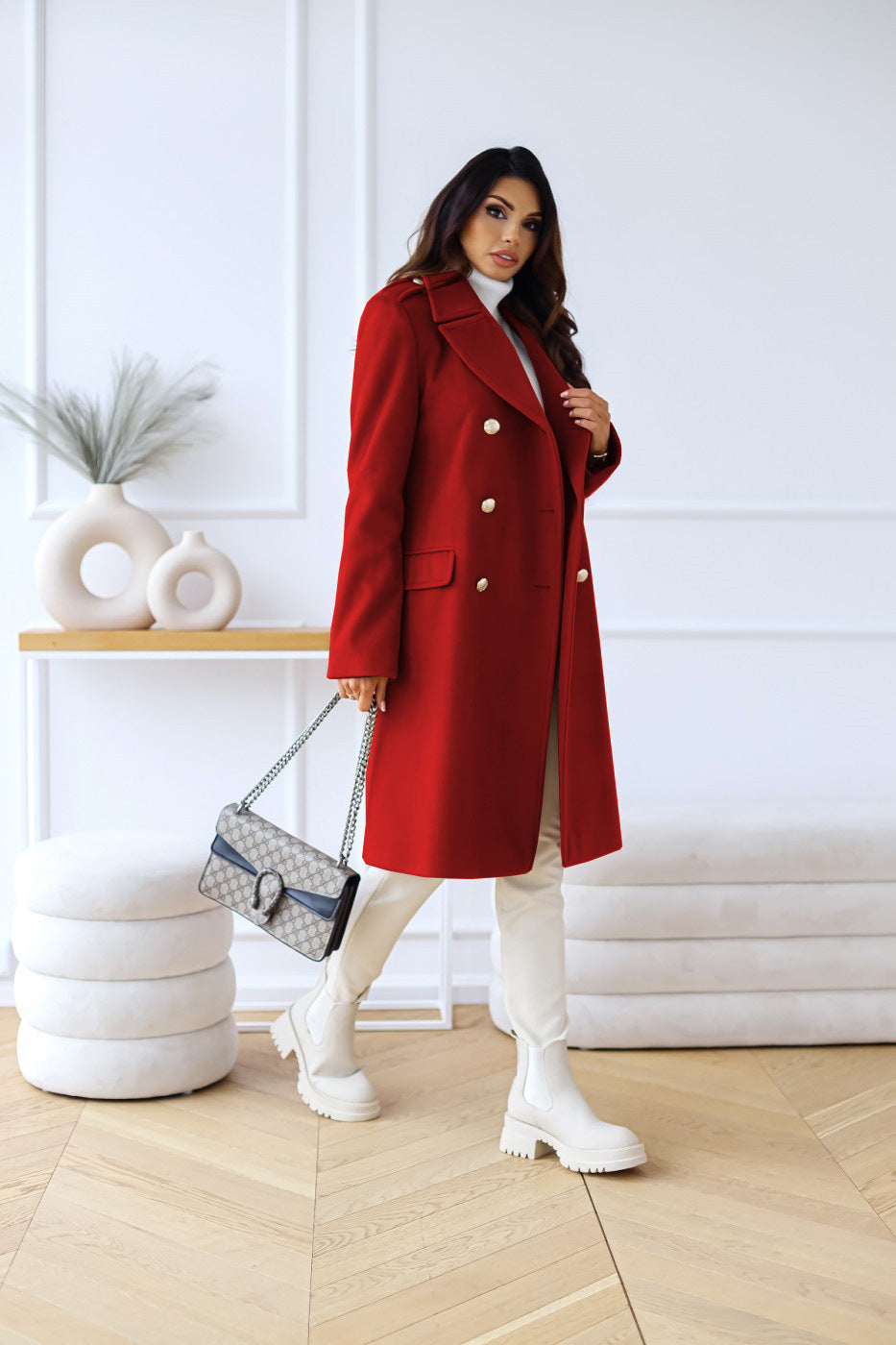 Women's Double-Breasted Long Coat | Gold Button Accents & Structured Silhouette for Timeless Elegance