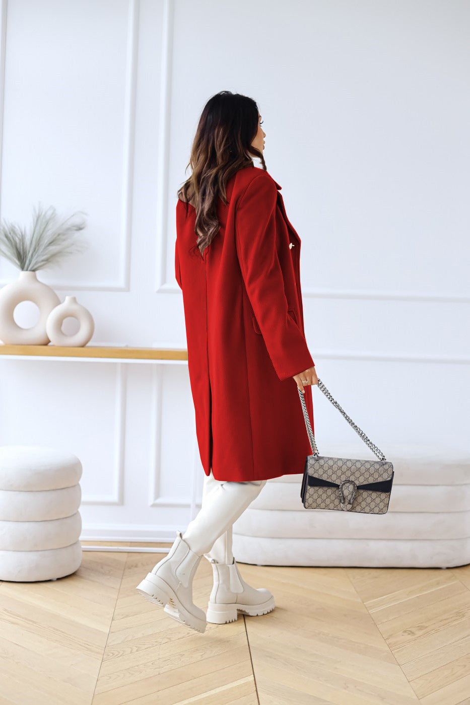 Women's Double-Breasted Long Coat | Gold Button Accents & Structured Silhouette for Timeless Elegance
