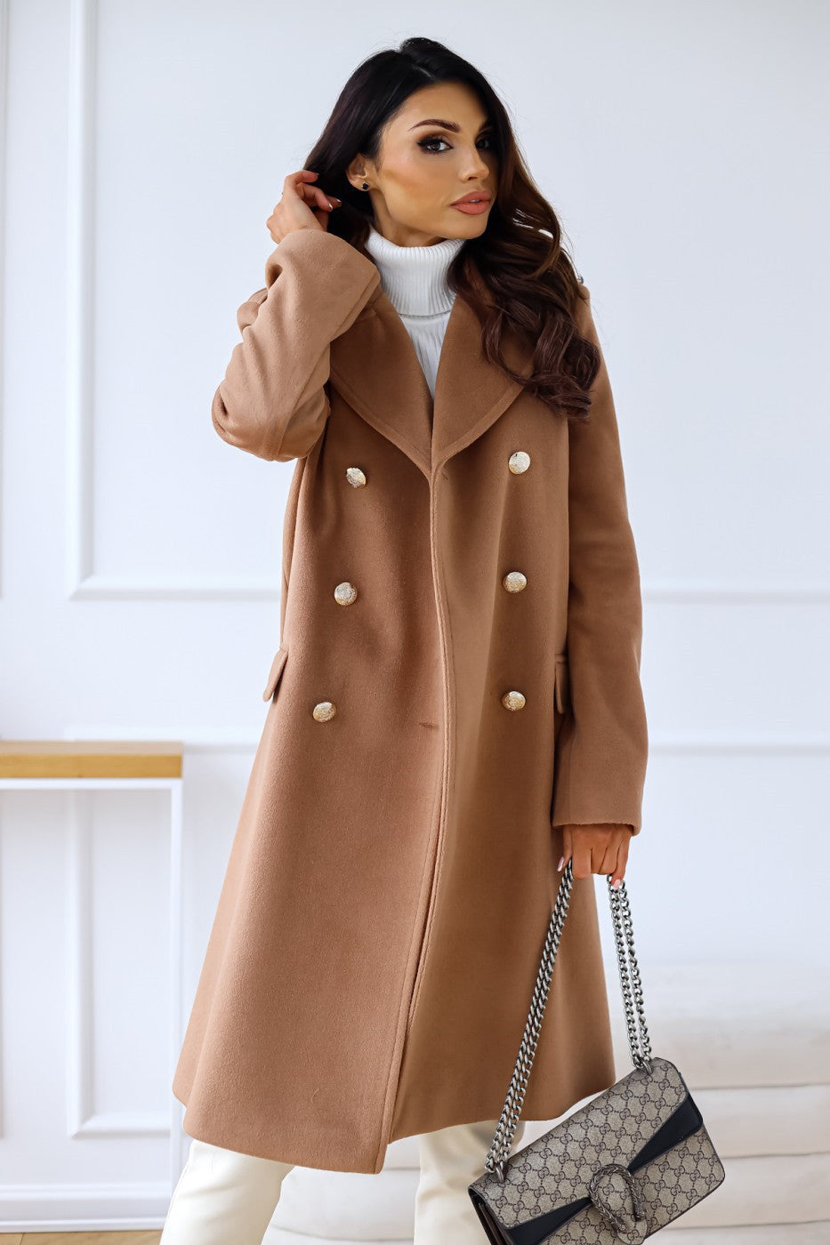Women's Double-Breasted Long Coat | Gold Button Accents & Structured Silhouette for Timeless Elegance