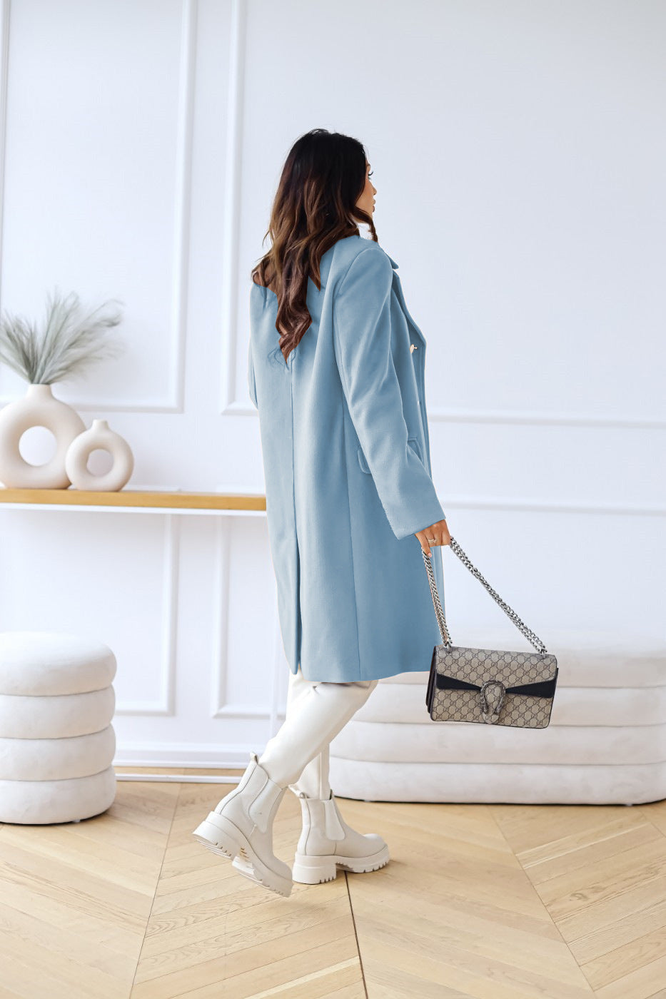 Women's Double-Breasted Long Coat | Gold Button Accents & Structured Silhouette for Timeless Elegance