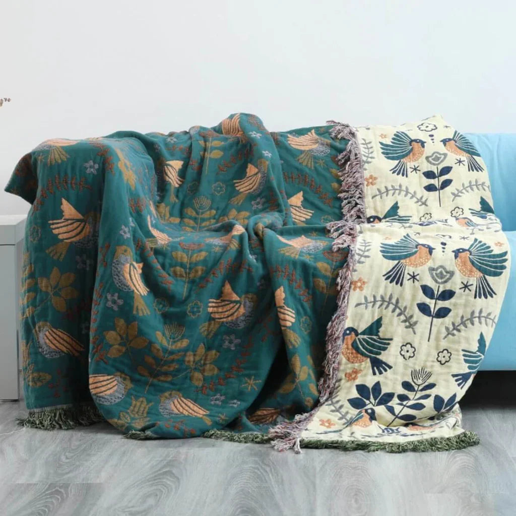Tagesdecke 140x200 für Doppelbett – Skandinavische Decke mit Vogeldesign, umkehrbar in Türkis-Beige
