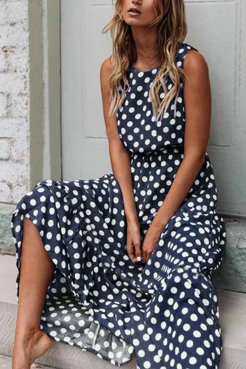 Women's Sleeveless Polka Dot Maxi Dress | Relaxed Fit for Casual Days & Vacation Outings
