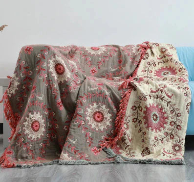 Tagesdecke 140x200 für Doppelbett – Skandinavische Decke mit Vogeldesign, umkehrbar in Türkis-Beige