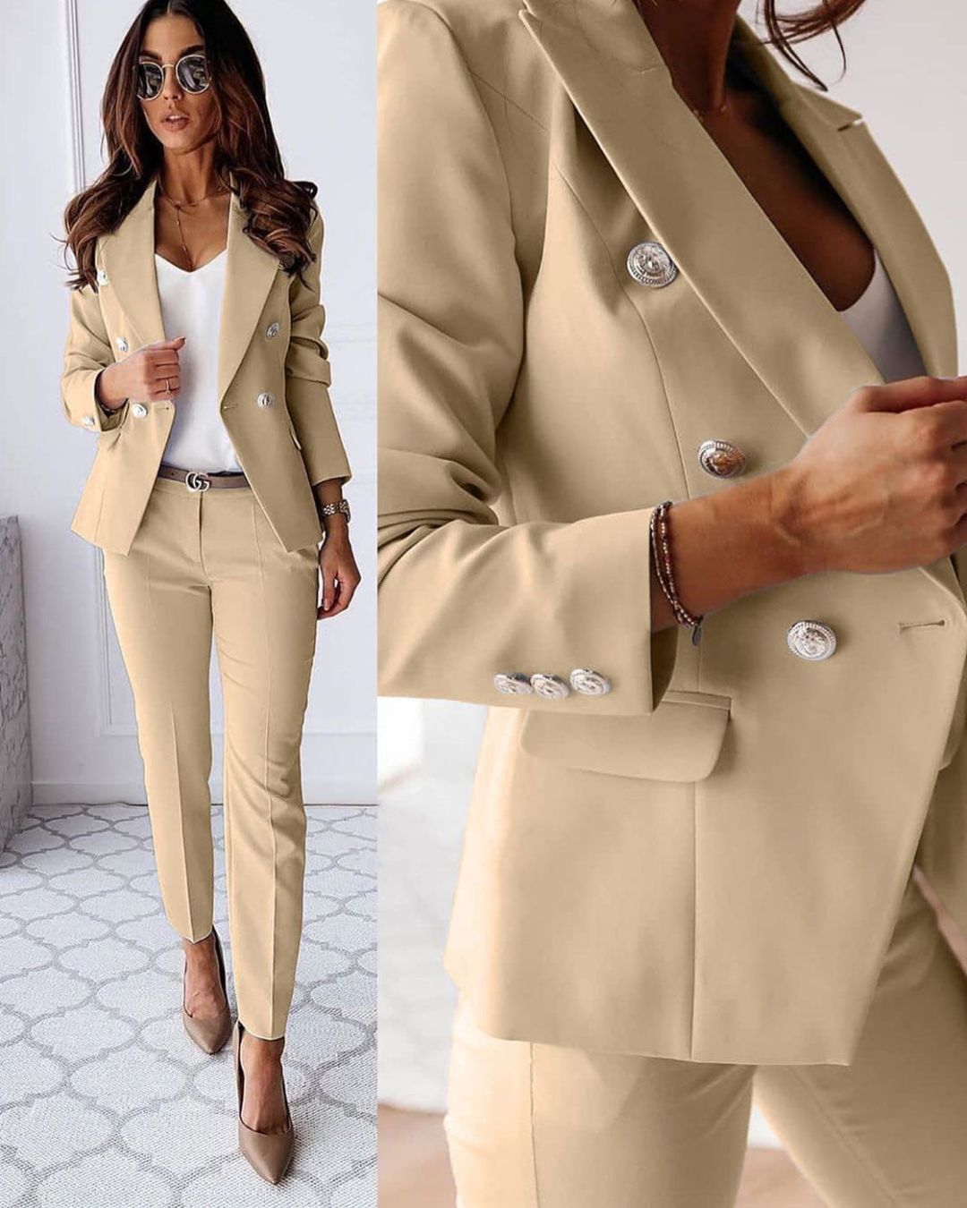 Women's Double-Breasted Suit | Tailored Fit with Metallic Buttons for Business Meetings & Formal Occasions