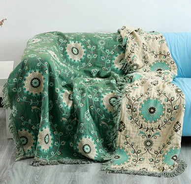 Tagesdecke 140x200 für Doppelbett – Skandinavische Decke mit Vogeldesign, umkehrbar in Türkis-Beige