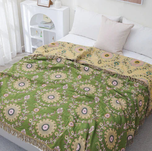 Tagesdecke 140x200 für Doppelbett – Skandinavische Decke mit Vogeldesign, umkehrbar in Türkis-Beige