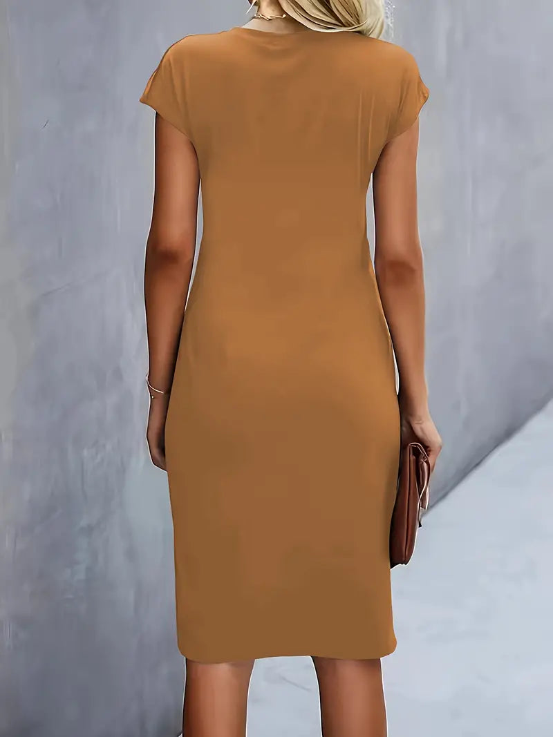 Women's Knee-Length Sheath Dress | Ruched Waist, Cap Sleeves & Ideal for Professional and Social Occasions