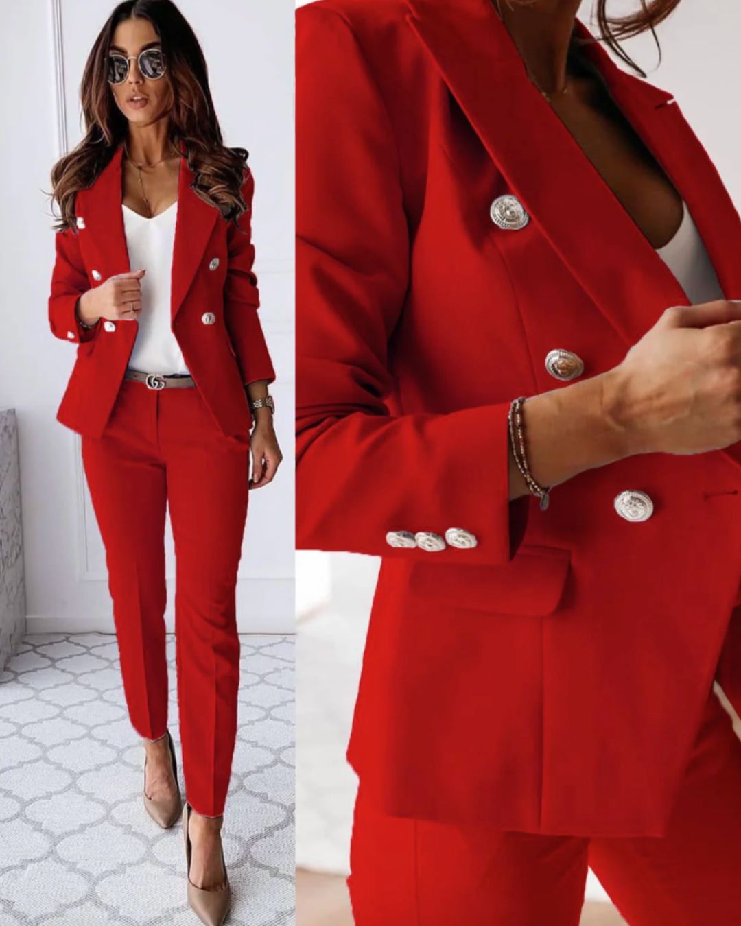 Women's Double-Breasted Suit | Tailored Fit with Metallic Buttons for Business Meetings & Formal Occasions