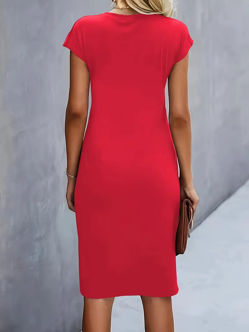 Women's Knee-Length Sheath Dress | Ruched Waist, Cap Sleeves & Ideal for Professional and Social Occasions