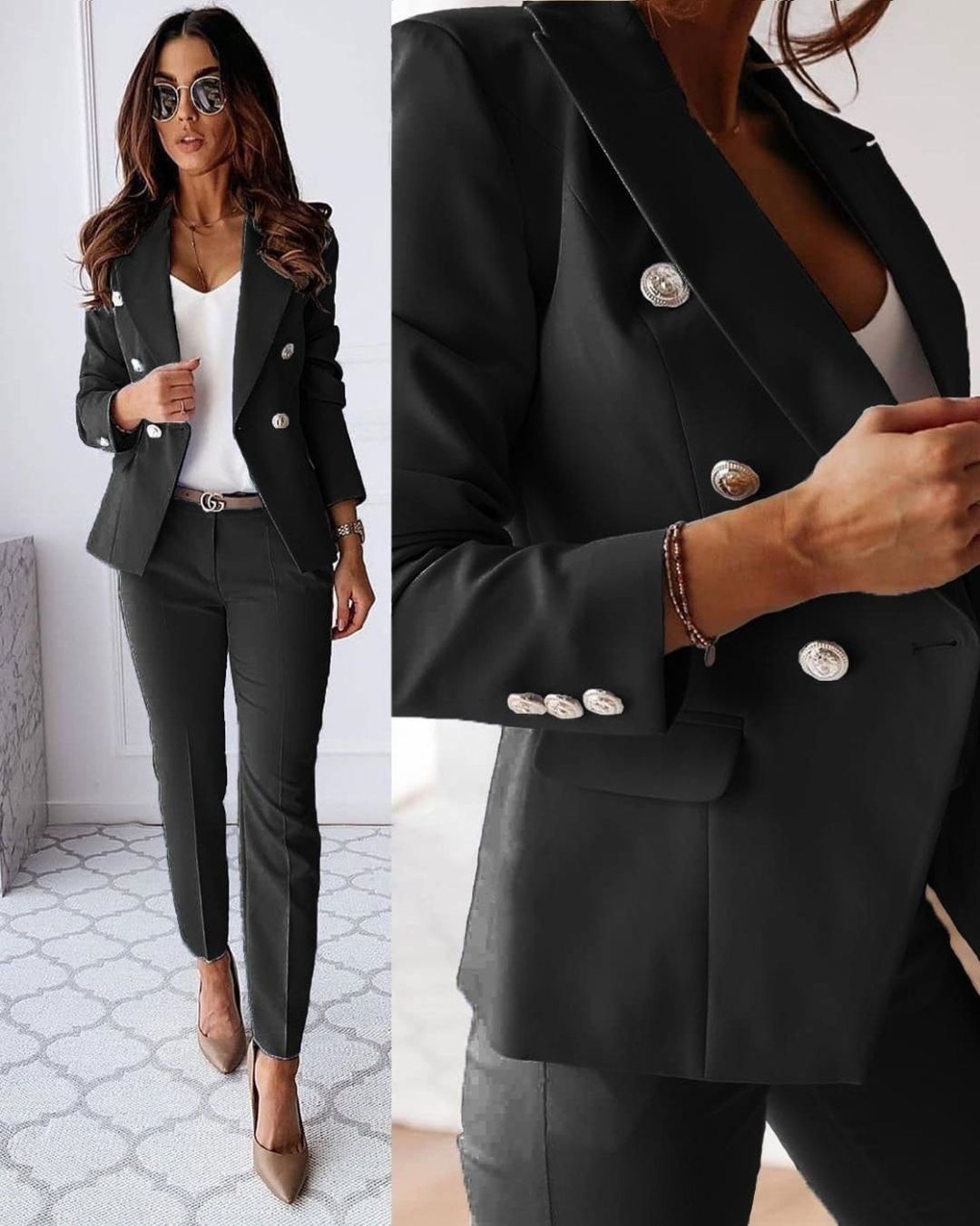 Women's Double-Breasted Suit | Tailored Fit with Metallic Buttons for Business Meetings & Formal Occasions