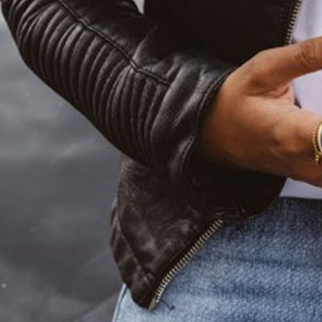 Women's Leather Biker Jacket | Ribbed Sleeves & Angled Zip Details for Edgy Streetwear Style