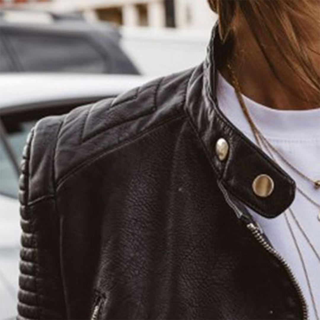 Women's Leather Biker Jacket | Ribbed Sleeves & Angled Zip Details for Edgy Streetwear Style