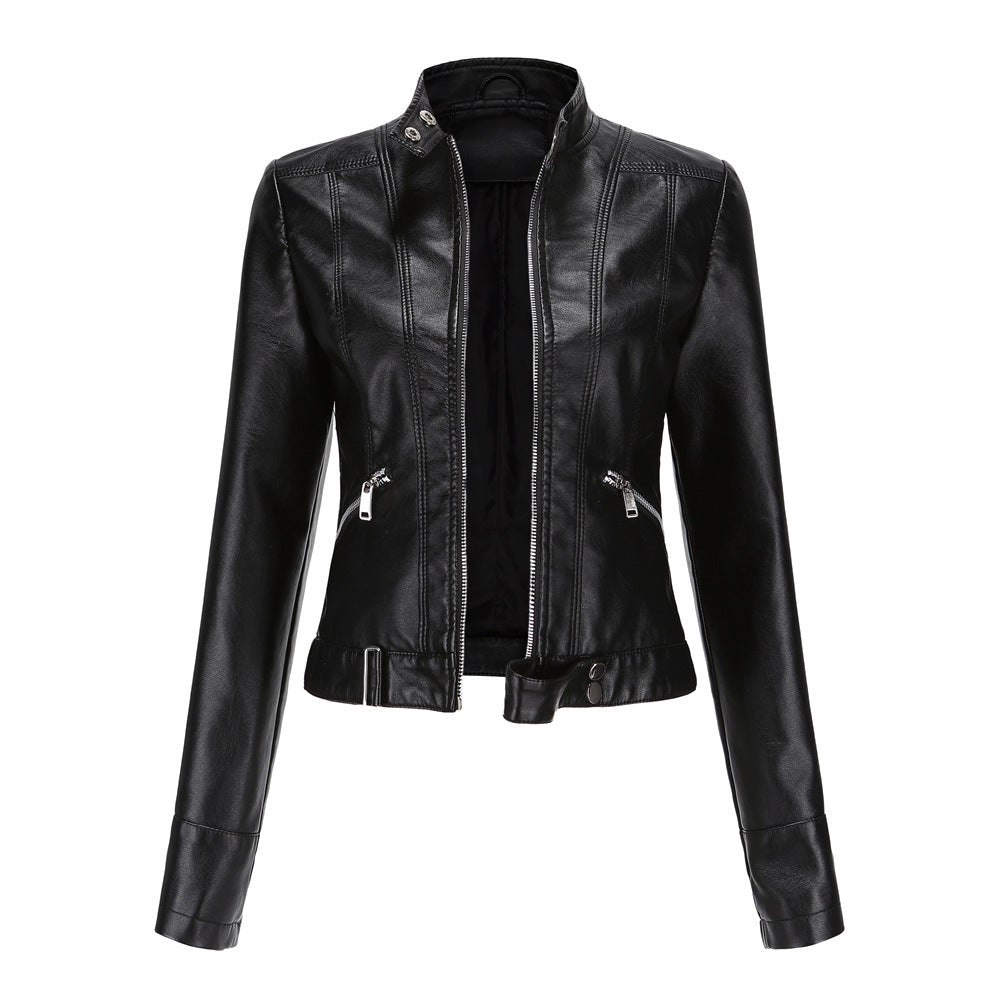 Women's Leather Jacket | Snap-Tab High Collar, Zip Closure & Belted for Casual or Night-Out Styling