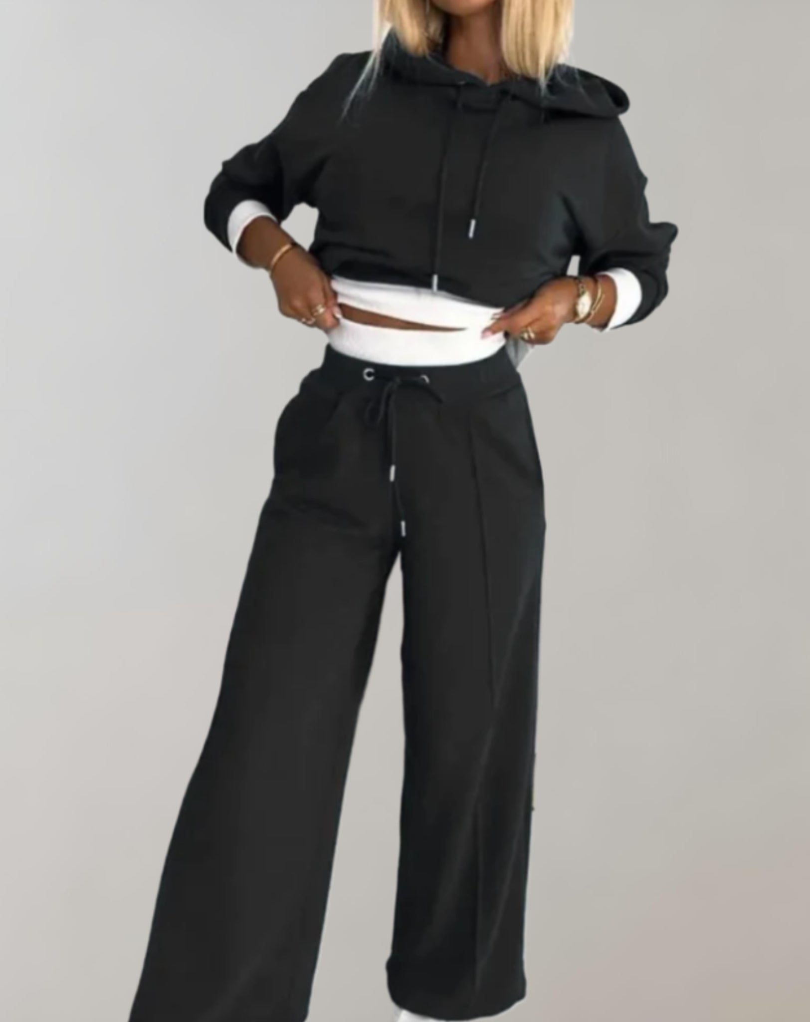 Women's Cropped Drawstring Hoodie Tracksuit Set | Wide-Leg Trousers for Relaxed Streetwear Style