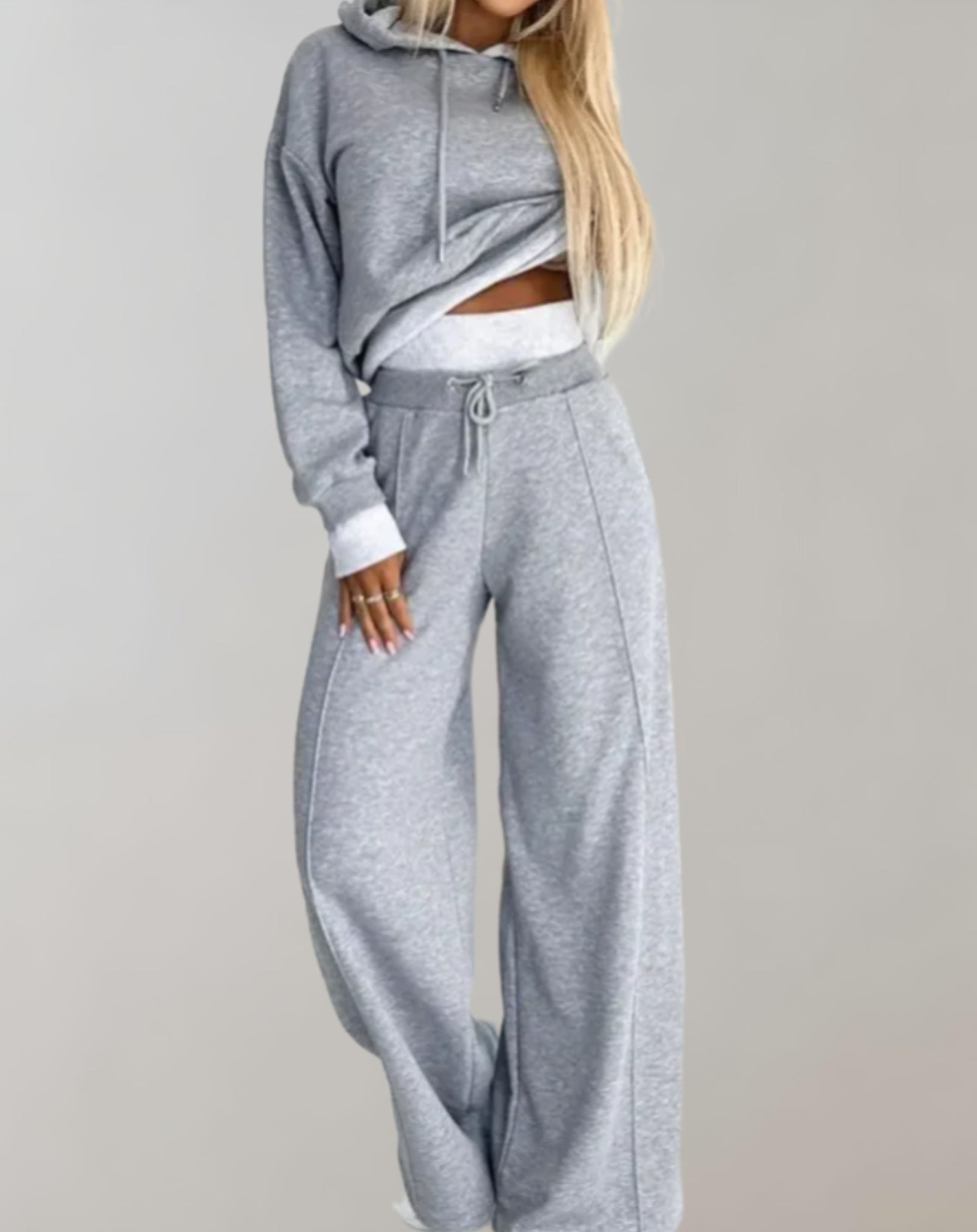 Women's Cropped Drawstring Hoodie Tracksuit Set | Wide-Leg Trousers for Relaxed Streetwear Style