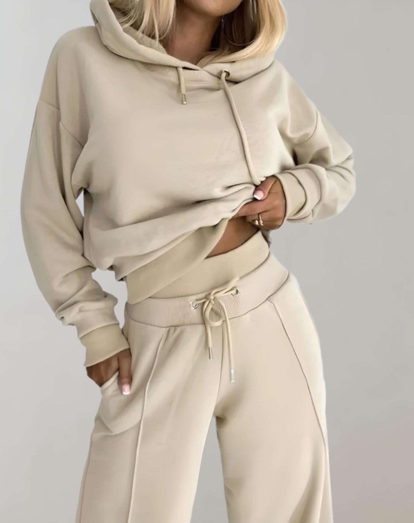 Women's Cropped Drawstring Hoodie Tracksuit Set | Wide-Leg Trousers for Relaxed Streetwear Style