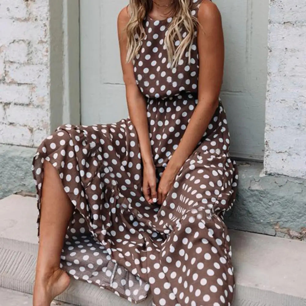 Women's Sleeveless Polka Dot Maxi Dress | Relaxed Fit for Casual Days & Vacation Outings