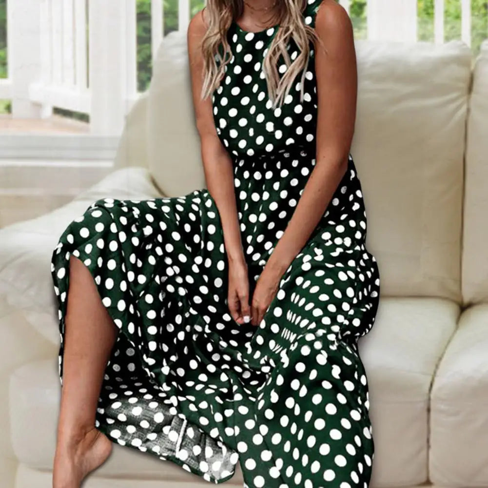 Women's Sleeveless Polka Dot Maxi Dress | Relaxed Fit for Casual Days & Vacation Outings