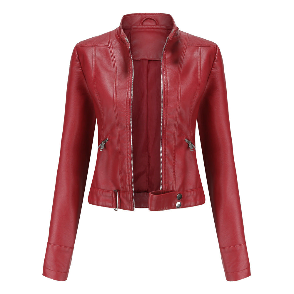 Women's Leather Jacket | Snap-Tab High Collar, Zip Closure & Belted for Casual or Night-Out Styling