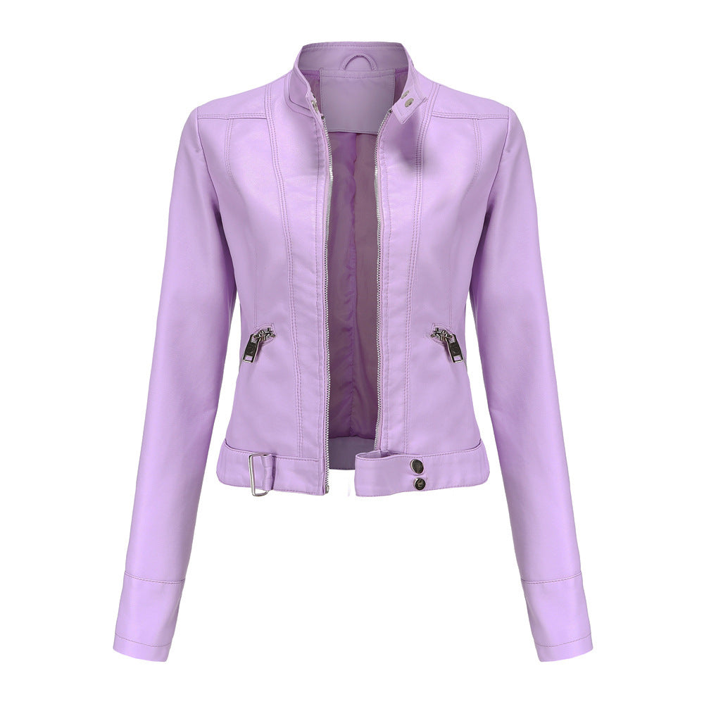 Women's Leather Jacket | Snap-Tab High Collar, Zip Closure & Belted for Casual or Night-Out Styling