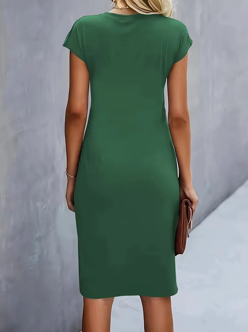 Women's Knee-Length Sheath Dress | Ruched Waist, Cap Sleeves & Ideal for Professional and Social Occasions