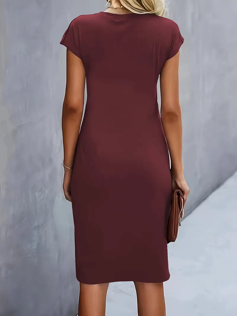 Women's Knee-Length Sheath Dress | Ruched Waist, Cap Sleeves & Ideal for Professional and Social Occasions