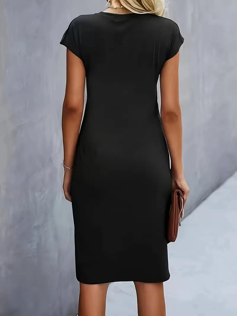 Women's Knee-Length Sheath Dress | Ruched Waist, Cap Sleeves & Ideal for Professional and Social Occasions