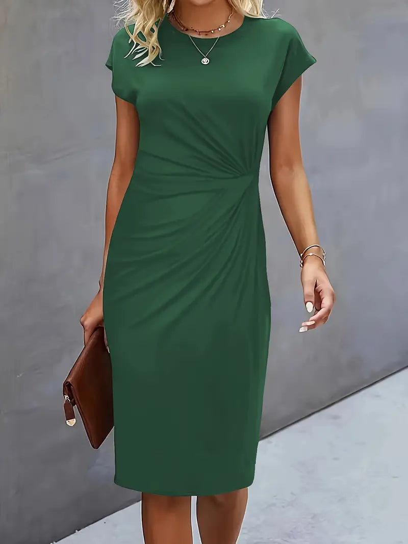 Women's Knee-Length Sheath Dress | Ruched Waist, Cap Sleeves & Ideal for Professional and Social Occasions
