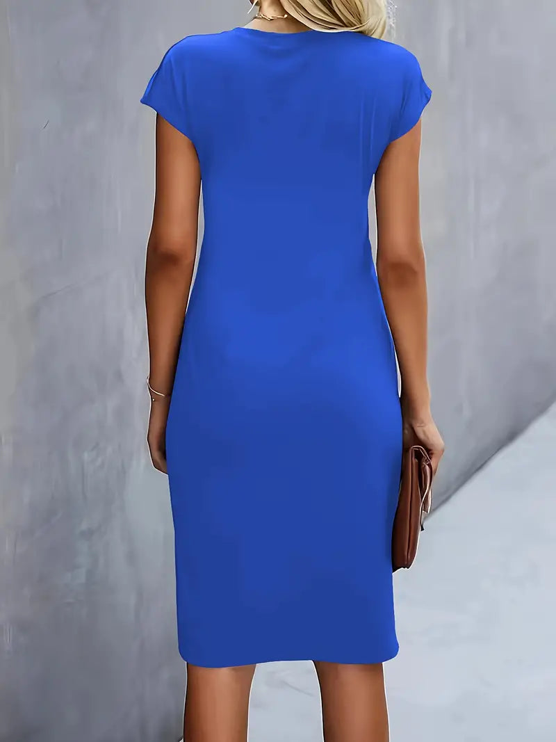 Women's Knee-Length Sheath Dress | Ruched Waist, Cap Sleeves & Ideal for Professional and Social Occasions