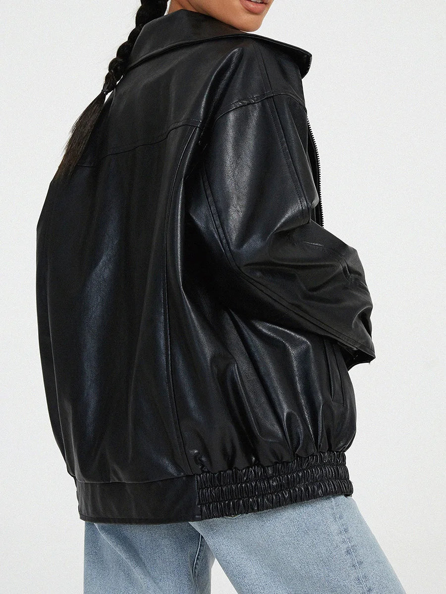 Women's Oversized Leather Bomber Jacket | Zipper Front, Relaxed Fit & Ideal for Modern Streetwear