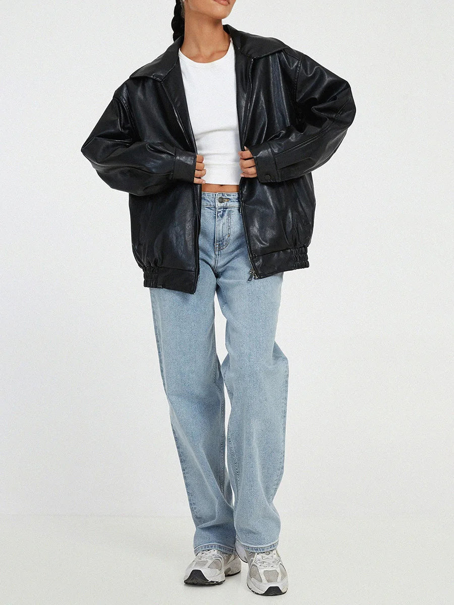 Women's Oversized Leather Bomber Jacket | Zipper Front, Relaxed Fit & Ideal for Modern Streetwear