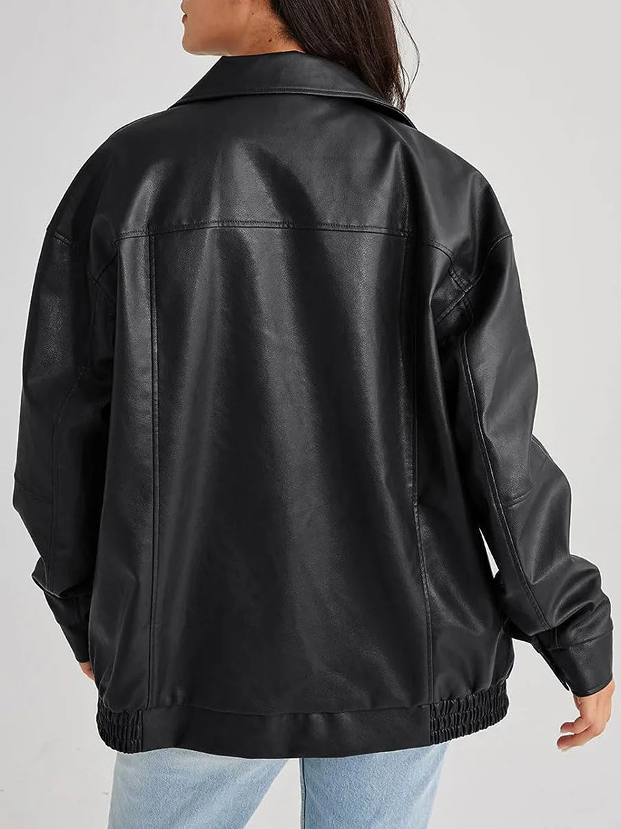 Women's Oversized Leather Bomber Jacket | Zipper Front, Relaxed Fit & Ideal for Modern Streetwear