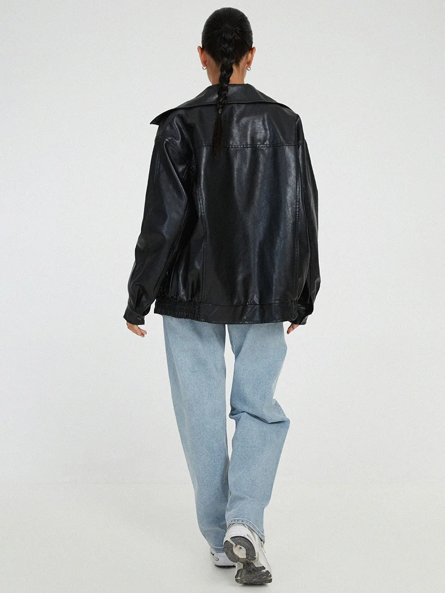 Women's Oversized Leather Bomber Jacket | Zipper Front, Relaxed Fit & Ideal for Modern Streetwear