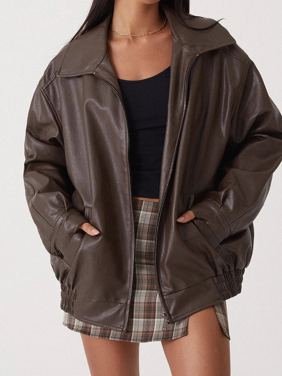 Women's Oversized Leather Bomber Jacket | Zipper Front, Relaxed Fit & Ideal for Modern Streetwear