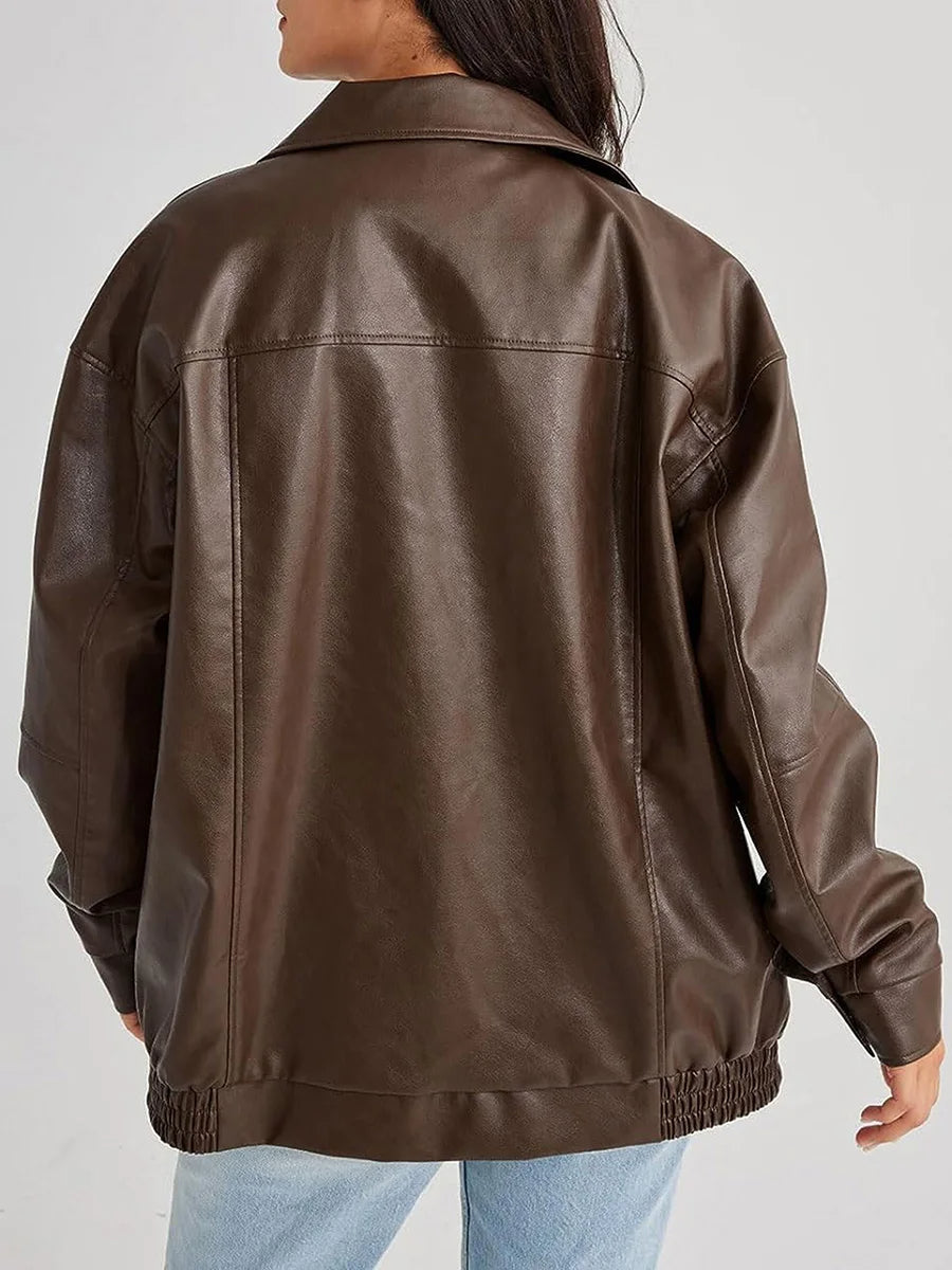 Women's Oversized Leather Bomber Jacket | Zipper Front, Relaxed Fit & Ideal for Modern Streetwear