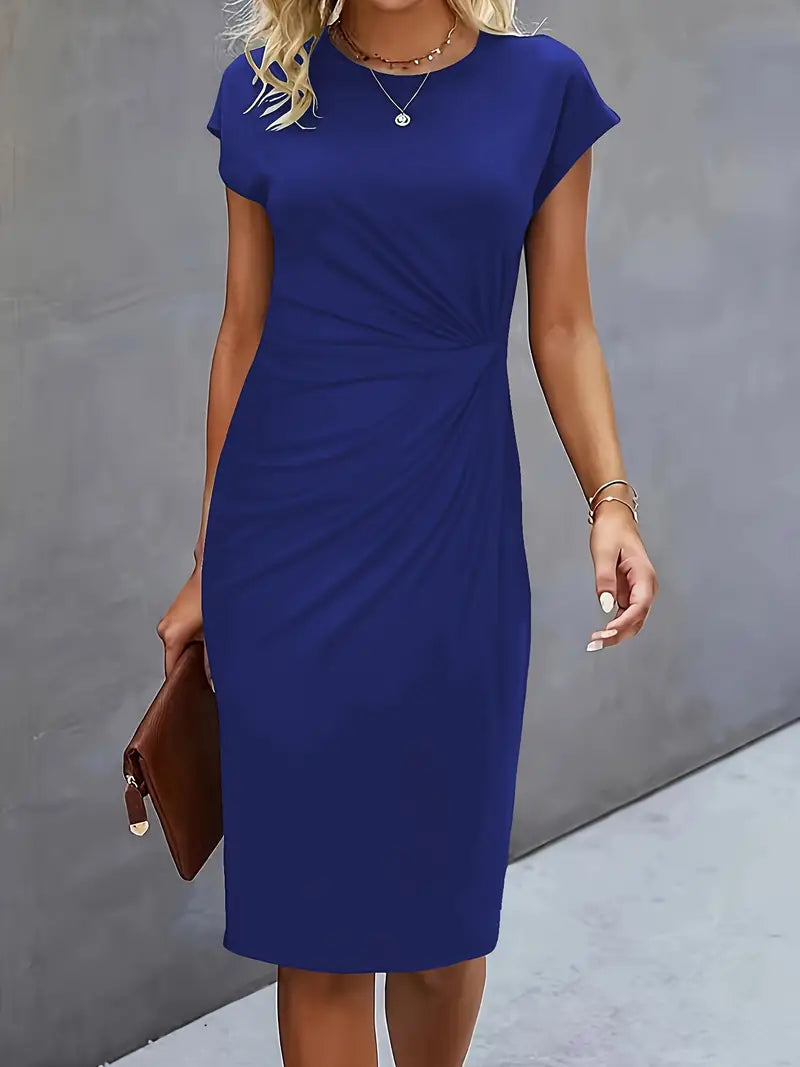 Women's Knee-Length Sheath Dress | Ruched Waist, Cap Sleeves & Ideal for Professional and Social Occasions
