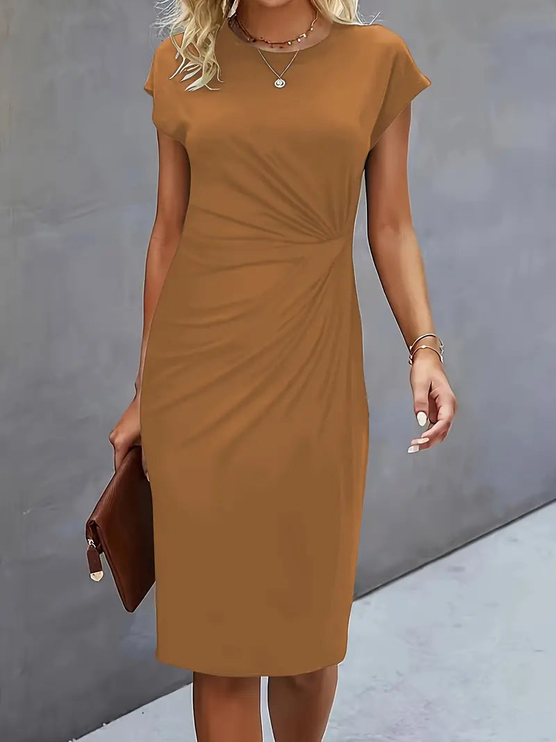 Women's Knee-Length Sheath Dress | Ruched Waist, Cap Sleeves & Ideal for Professional and Social Occasions