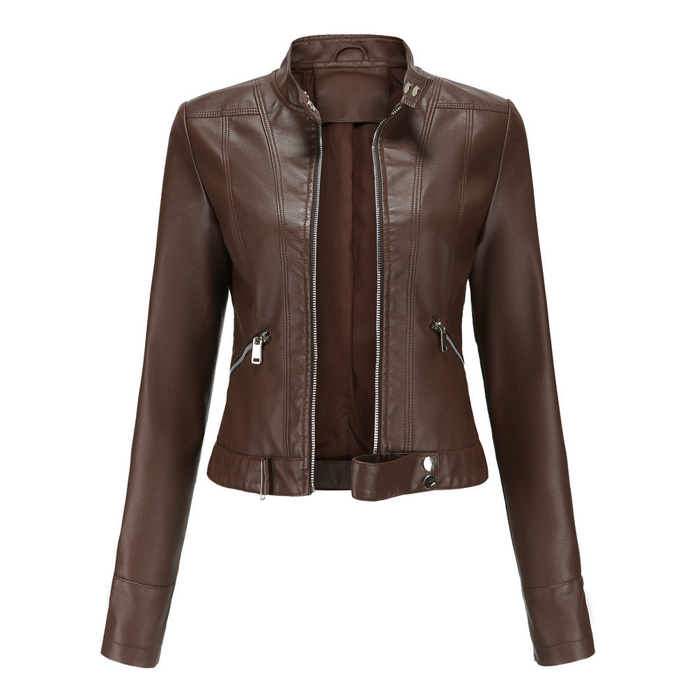 Women's Leather Jacket | Snap-Tab High Collar, Zip Closure & Belted for Casual or Night-Out Styling