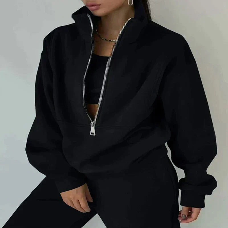 Women's Half-Zip Pullover Tracksuit Set | Comfortable Elastic Jogger Pants for Casual Outings & Lounging